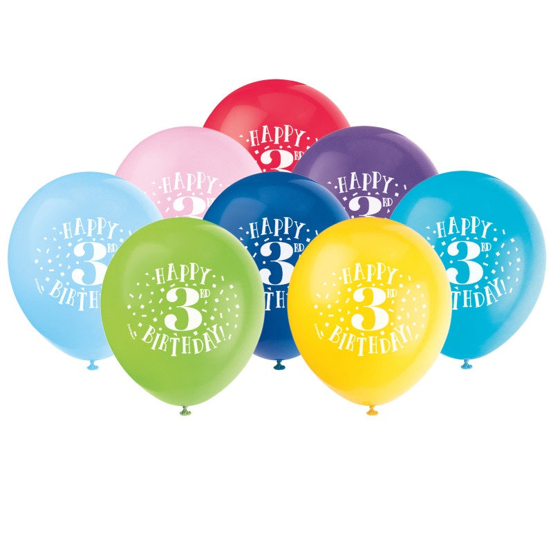 Fun Happy 3rd Birthday 12 Latex Balloons  8ct"