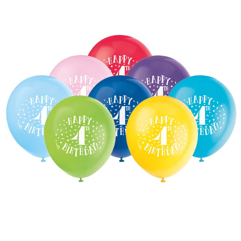 4th Birthday Celebration Latex Balloons, Pack of 8