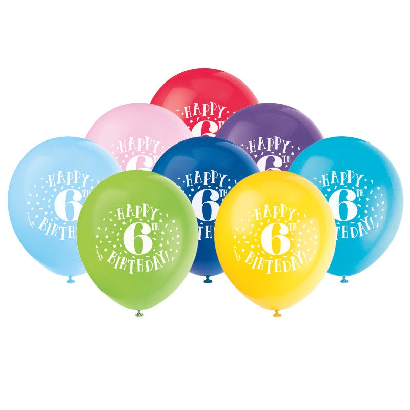 6th Birthday Latex Balloons, Pack of 8