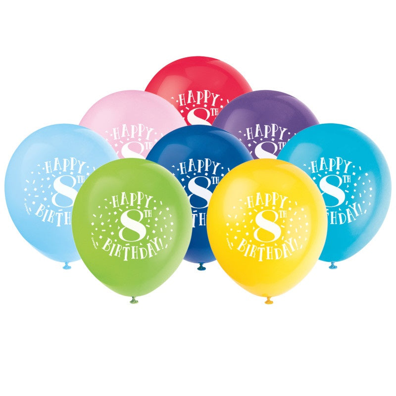 8th Birthday Celebration Latex Balloons, 12-inch, Pack of 8