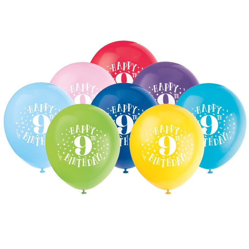 Joyful 9th Birthday 12-inch Latex Balloons, Pack of 8