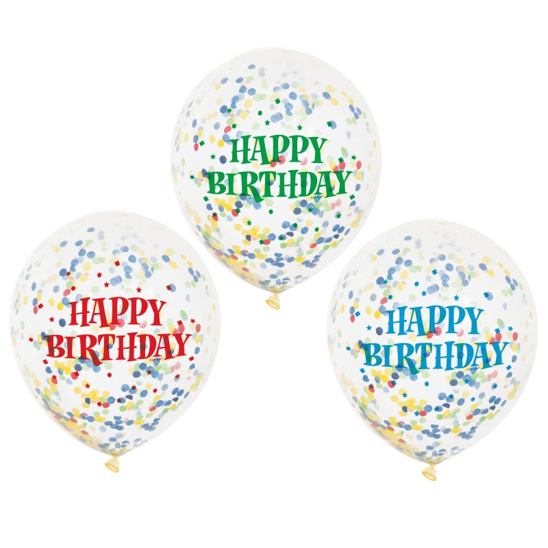 Pre-Filled Birthday Clear Latex Balloons with Bright Confetti, 12 Inches, 6 Count