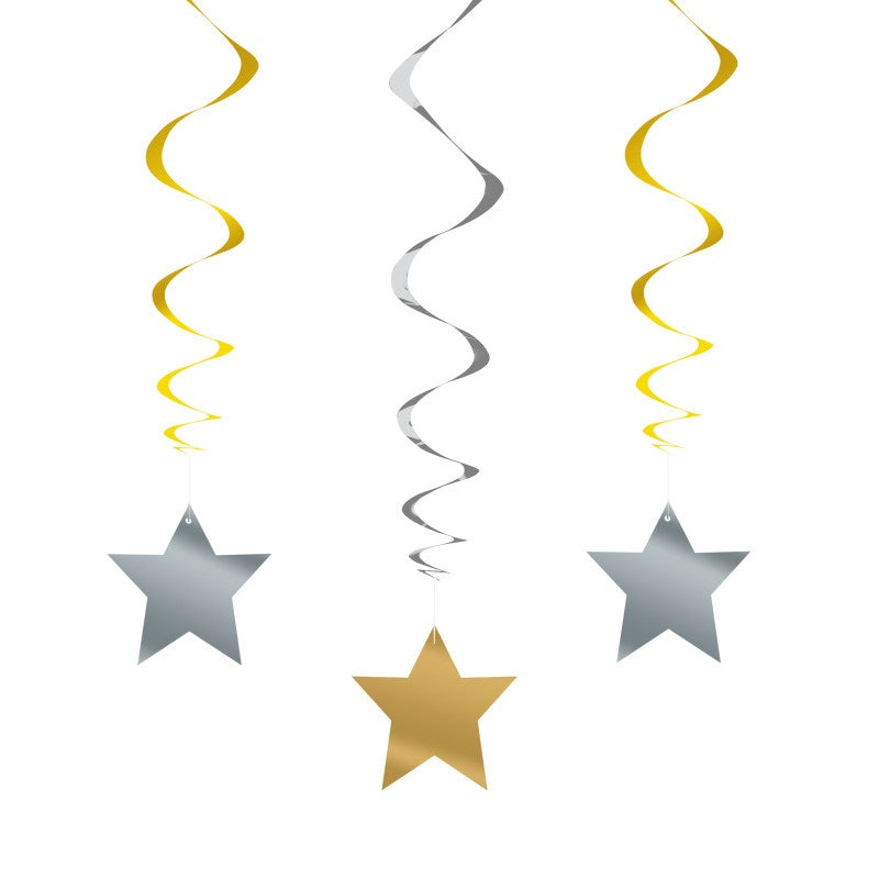 Silver & Gold Star Hanging Swirl Decorations  26  3ct"