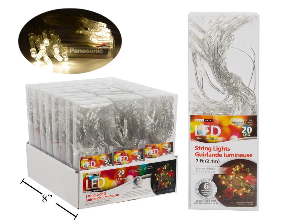 Deco L. Xmas 20 White LED String Lights w/Timer in PVC Box, 24/PDQ