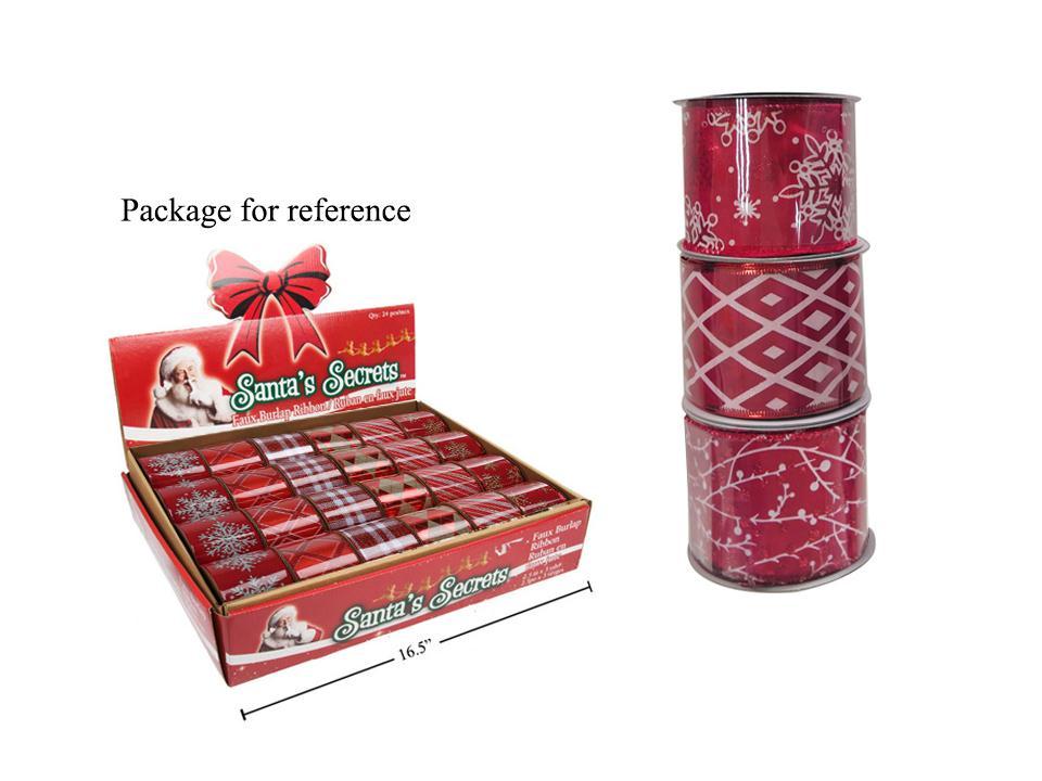 S.Secrets Red Printed Wired Ribbon, 2.5"x3yds., 6asst., 24/PDQ