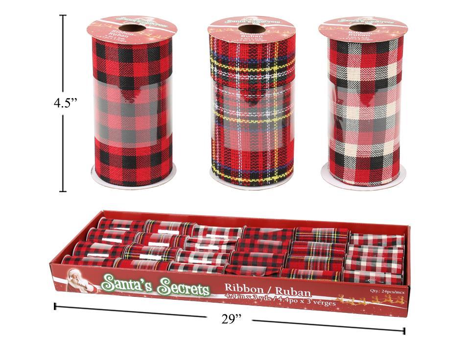 S.Secrets Red Plaid Wired Ribbon, 4.4"x3yds., 3asst., 24/PDQ