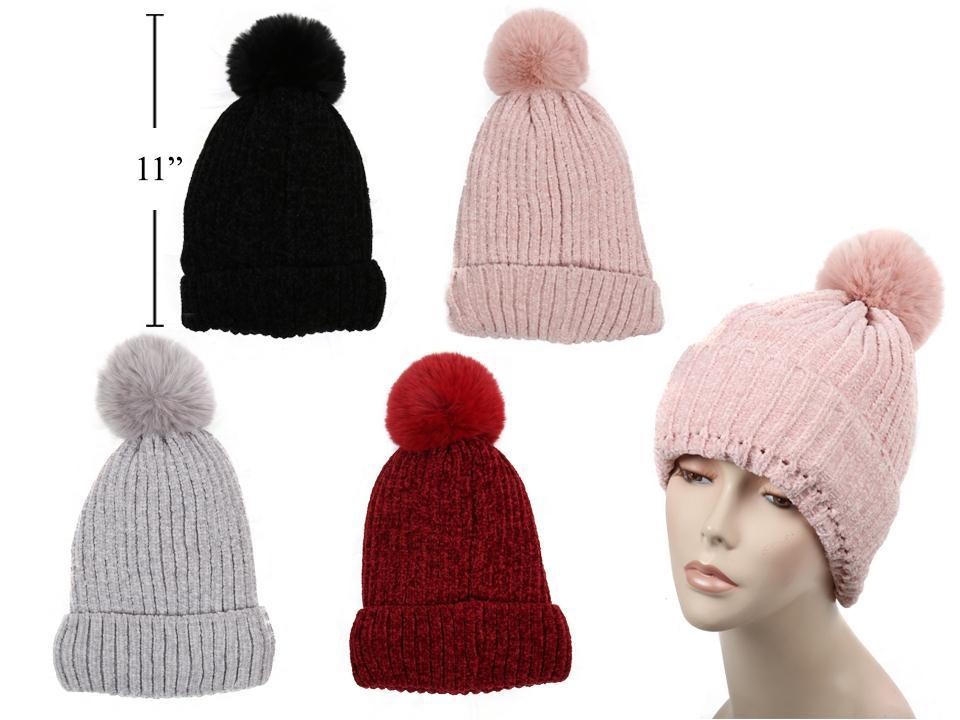 Nordic T. Ladie's Chenille Hat with Faux Fur+PomPom, One Size