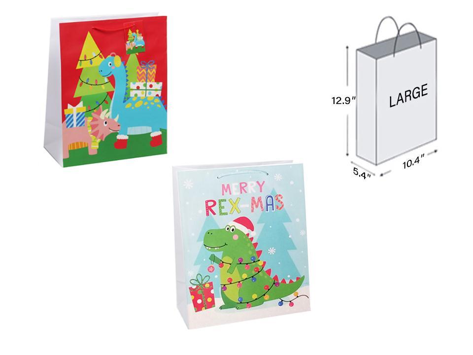 Paper T. Xmas Dinosaur Matte with Glitter Gift Bag-Large, 2/s, j-hook