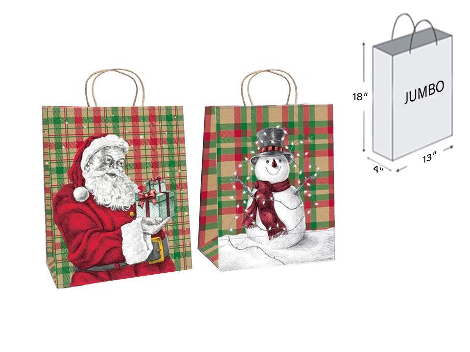 Paper T. Xmas TARTAN Kraft Gift Bag -Jumbo, 2/s,w/Twisted Paper Handles