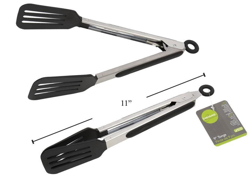 L.Gourmet 9" Stainless Steel Flat Tongs with Nylon Head, Tag (CS)
