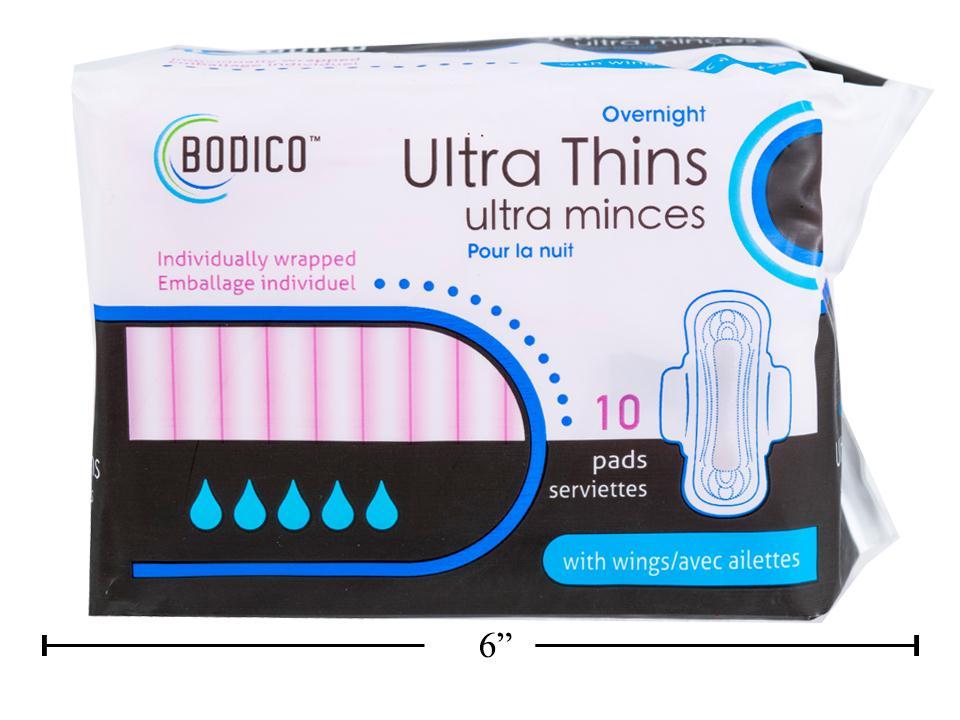 Bodico Ultra Thin Overnight Pads with Wings, 10 Pieces per Bag, Individually Wrapped