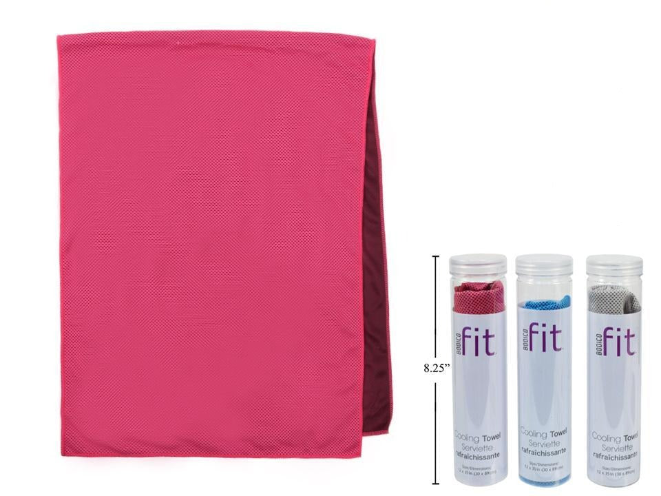 Bodico Fit Cooling Towel, Measuring 11x30.5", Available in 12 Units Per Display Quantity, 3 Assorted Colors, Packaged in PVC Tube