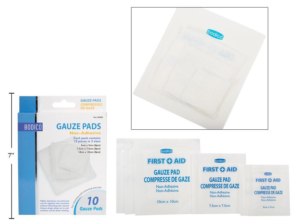 Bodico 10-Piece Gauze Dressing Pads in Three Sizes, Available in Colour Box