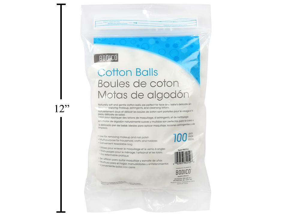 Bodico 100-pc Cotton Balls, 100% COTTON, zip bag (82376)(HZ)