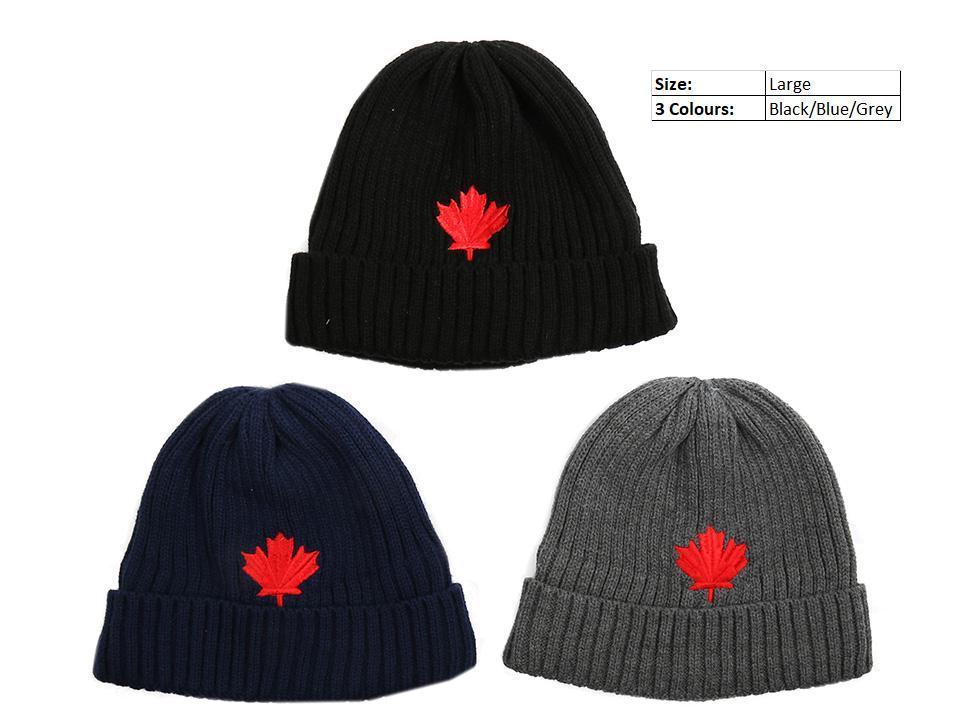 Nordic T.Adult Knitted Beanie Hat w/Embroidered Maple Leaf