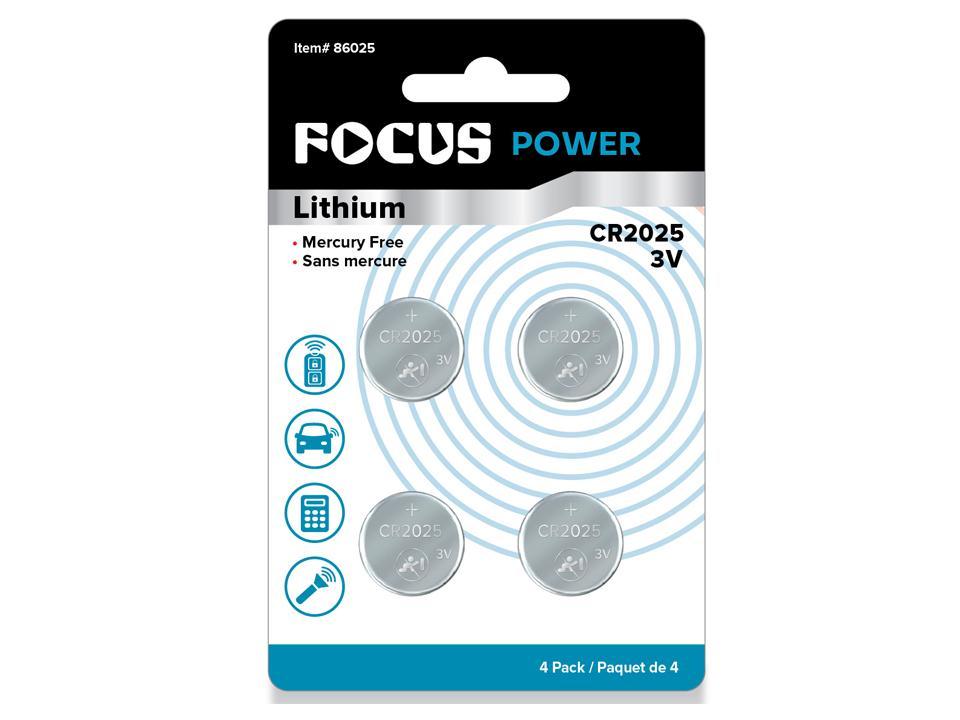 Focus E. Mercury-Free Lithium Coin Cell Battery CR2025, Set of 4