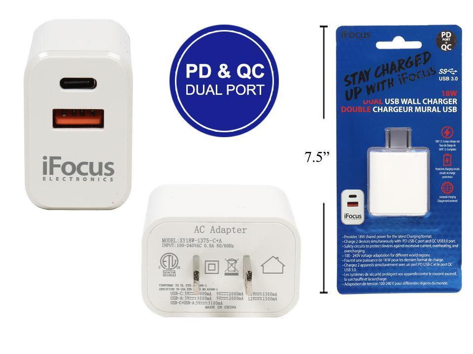 iFocus Dual PD+QC 18W  USB Charger, 5V-12V/3A-1.5A shared power