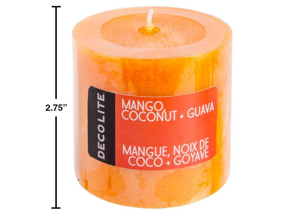 Deco Lite Small Pillar Candle in Mango, Coconut, and Guava, Measuring 2.75x2.75", with Shrink/Color Label