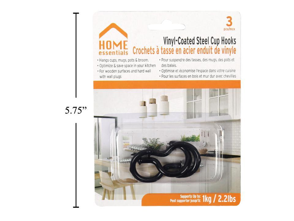 H.E. 3-Piece 1.5" Coated Steel Cup Hook in Black, Blister Card Included