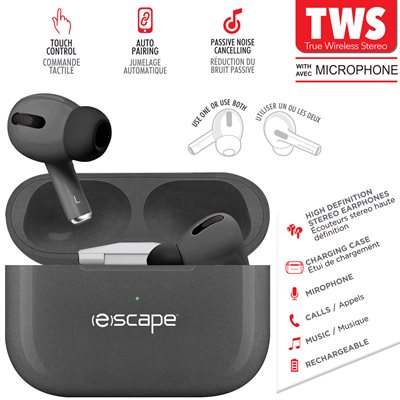 Escape TWS Wireless Stereo Earphones with Charging Station & Microphone in Metallic Charcoal