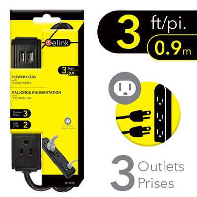 Three-Outlet Power Strip with Dual USB Ports