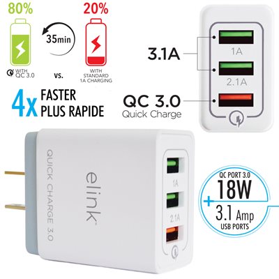 3-Port USB Wall Charger with Quick Charge 3.0 Capability