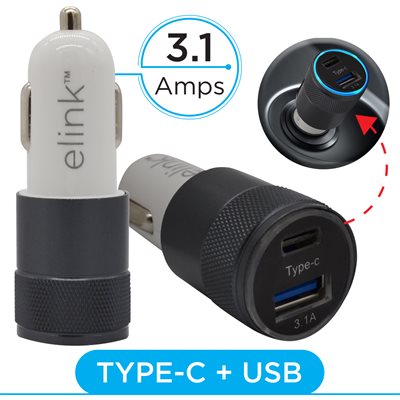 2-Port USB-A and USB-C Car Charger, 5V 3.1A