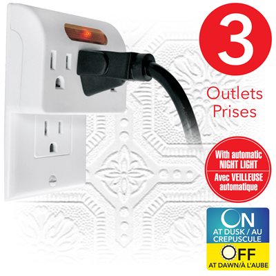Three-Outlet Wall Tap with Automatic Night Light