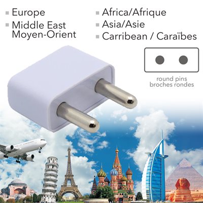 Round-Pin Foreign Plug Adaptor for Europe, Middle East, Africa, Asia