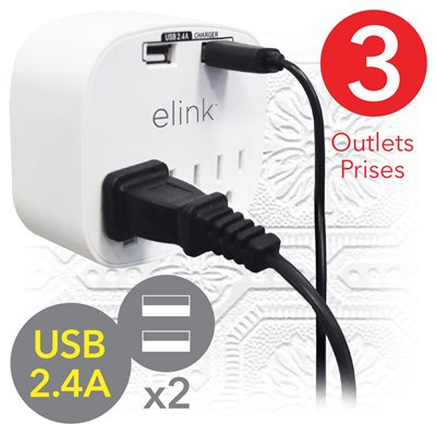 3-Outlet Wall Tap with 2 USB Ports, 2.4 A