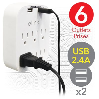 6-Outlet Wall Tap with 2 USB Ports, 2.4A