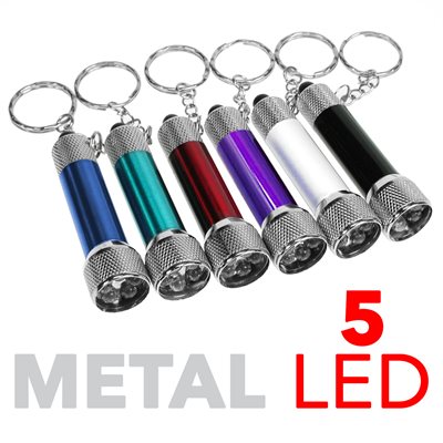 5-LED METAL FLASHLIGHT WITH KEYCHAIN; 6 ASSORTED COLORS IN DISPLAY OF 24