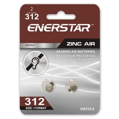 Zinc-Air Hearing Aid Batteries, Size 312, Pack of 2
