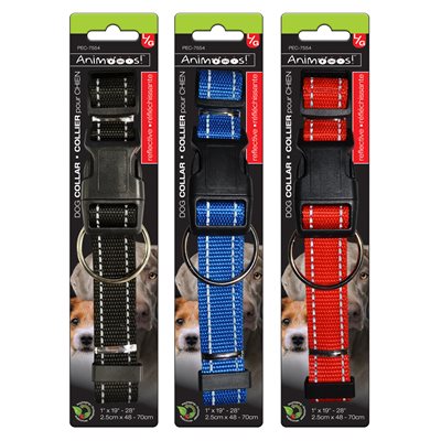 Adjustable Nylon Collar with Reflective Stitch, 1"X18.9-27.6", Available in 3 Assorted Colors