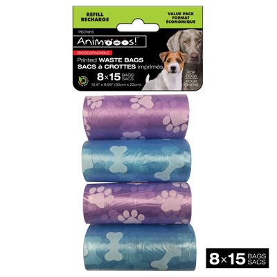 8-Pack Printed Biodegradable Dog Waste Bags, 15 Bags per Roll, 32x22cm